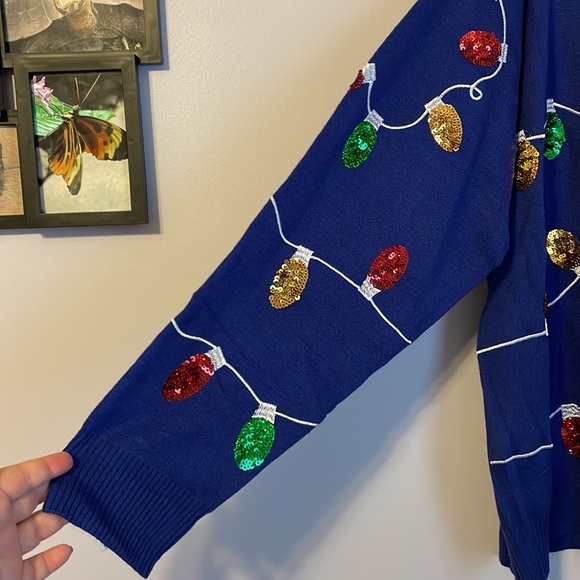 Tipsy Elves Blue Sequin Holiday Lights Ugly Christmas Sweater - Size XXL - Picture 7 of 9